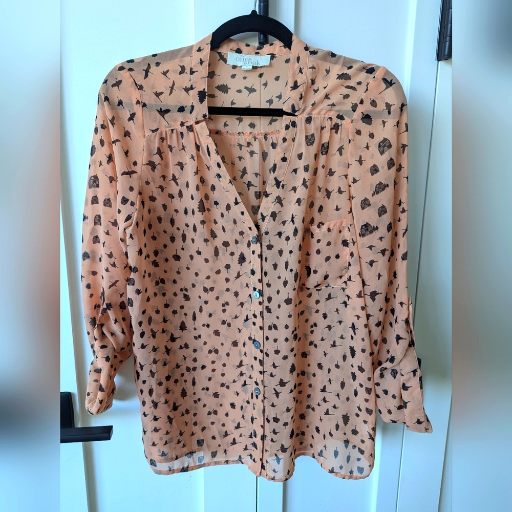 Olive & Oak blouse, nude w/birds & trees (L)